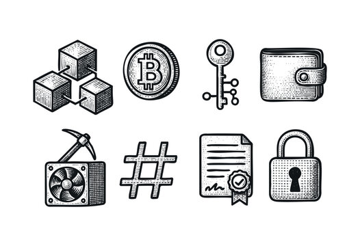 A collection of hand-drawn engraved icons depicting blockchain, cryptocurrency, mining, and digital security concepts on a white background &mdash; stock vector.