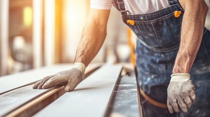 Craftsman aligning hardware on a wooden surface