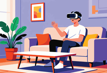 Illustration depicts a person wearing VR glasses, interacting in a virtual world while seated on a sofa