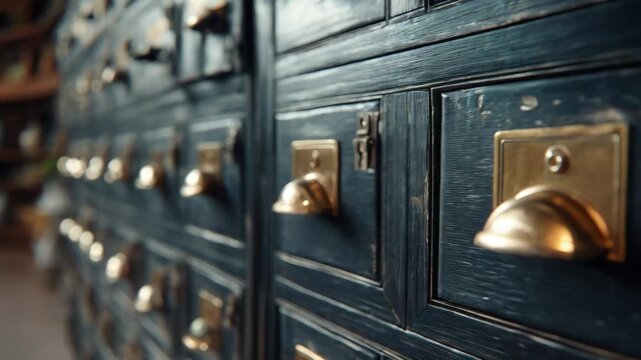 Close Up Shot Of Vintage Dark Blue Wooden Apothecary Or Card Catalog Cabinet Drawers With Polished Brass Label Holders And Pulls Featuring Shallow Depth Of Field And Detail