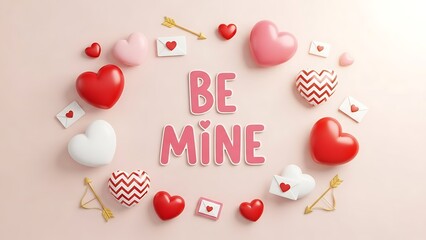 Be Mine Valentine Hearts Love Letters Cupid Arrows Pink Background Valentine's Day romance