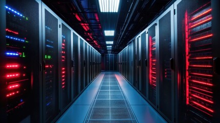 Illuminated Server Room Corridor with Neon Security Lights