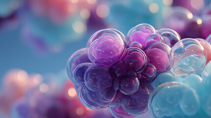 Microscopic view of abstract purple and blue translucent cells clustered together with soft bokeh lighting