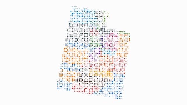 Utah animated shape. Pulsating colored dots on the map of the state. Small size circle blocks. Digital style Utah map on white background. Vibrant animation video.