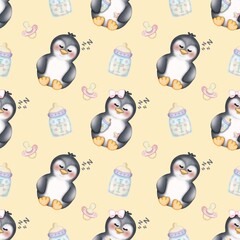 Seamless pattern Cute penguins collection in winter Hand drawn watercolor illustration. For labels, paper, textiles on yellow background.