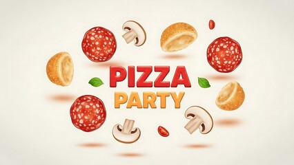 Pizza Party Invitation with Flying Ingredients and Text food