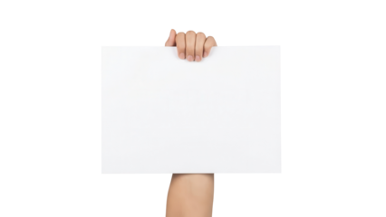 Hand holding blank white horizontal sign isolated on white background
