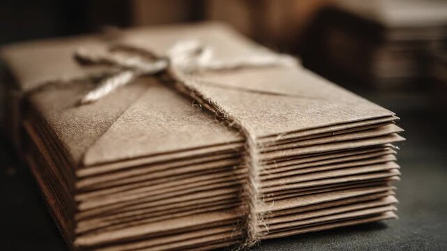 Stack Of Vintage Envelopes Tied with Twine In Neutral Tones On Dark Surface Cinematic Lighting Details