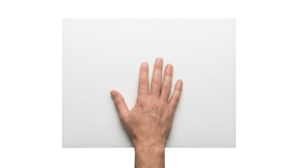 Male hand on blank white horizontal sheet of paper top view