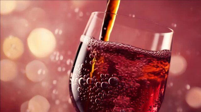 A close-up of a fizzy soda with bubbles forming and popping.