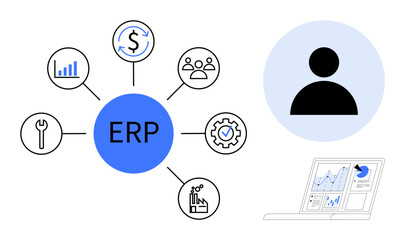 Business management, ERP systems, workflow processes, data analytics, team collaboration, financial management. Central ERP icon connected to tools and a laptop with graphs. Business management