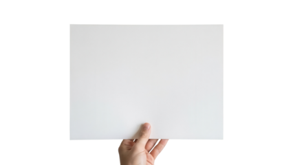 Hand holding blank white horizontal paper sheet isolated on white background