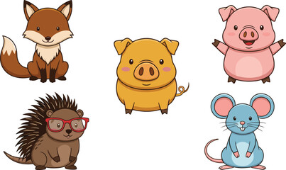 Adorable cartoon vector illustration set featuring a fox, pigs, hedgehog with glasses, and a blue mouse, perfect for children’s designs and playful artwork
