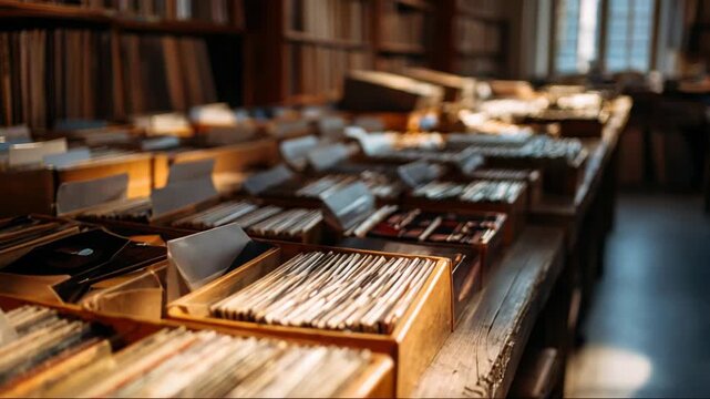 Vinyl Records in Wooden Boxes at Antique Shop with Bookshelves and Sunlight Streaming Through Windows in Soft Focus
