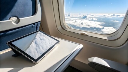 Digital Tablet on Airplane Tray Table with Window View