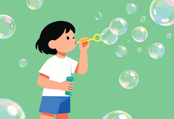 Fototapeta premium A child blows soap bubbles on a pastel green background. Bubbles float around the girl