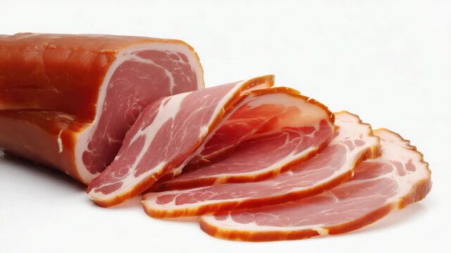 A selection of sliced ham with distinct layers on a white surface