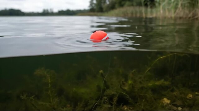 Peaceful red fishing float bobbing gently on calm lake water