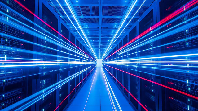 Futuristic server room with high-speed digital data flow. Glowing blue light trails symbolize network connectivity and information transfer. - Powered by Adobe