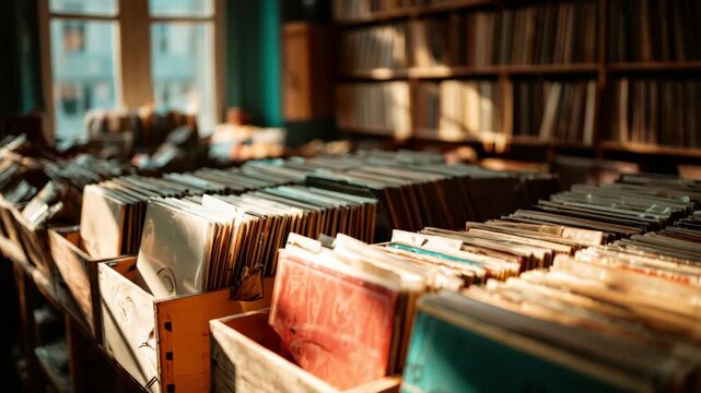 Collection of Vinyl Records in Wooden Crates on Shelves in a Warmly Lit Store with Rows of Music Albums in the Background Filling the Frame