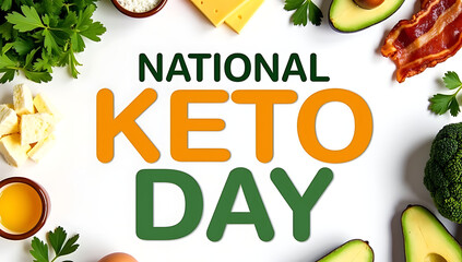  A vibrant, fresh-food layout celebrating National Keto Day with the bold title &ldquo;National Keto Day&rdquo; surrounded by greens and keto friendly items. 4K, HD