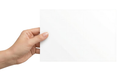 Fototapeta premium Hand holding blank white horizontal paper sheet isolated on white background