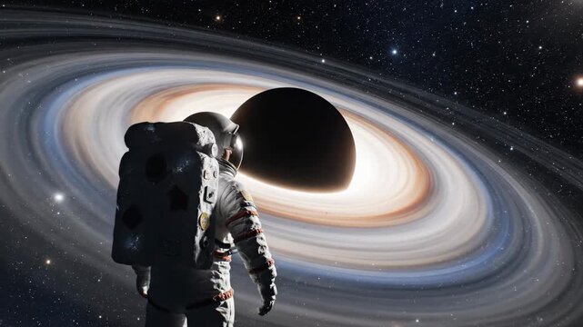 Astronaut in a spacesuit floating towards a supermassive black hole in deep space. Sequence of a spaceman approaching the glowing accretion disk of a cosmic singularity