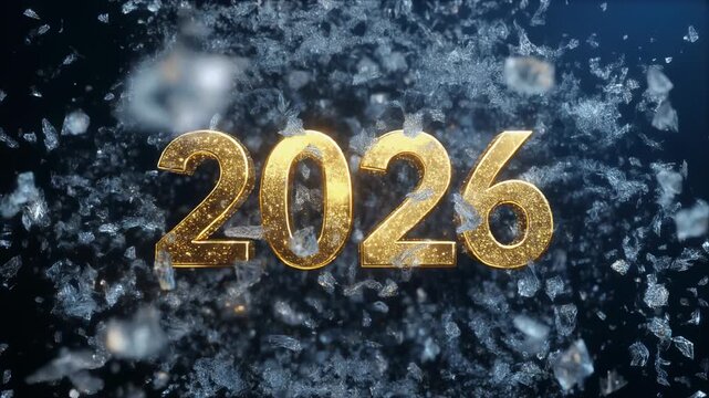 The year 2026 appears in gold from an exploding ice ball in a dynamic animation sequence. A festive winter concept for a new year celebration or holiday event opener