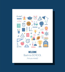 Back to school card. Background with school stationery, books, backpack, globe, trophy, lamp. Education print in flat design. Poster with icons in square frame. Vector illustration.