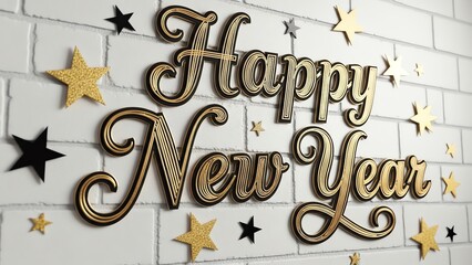 Obraz premium Happy New Year lettering with stars on brick wall