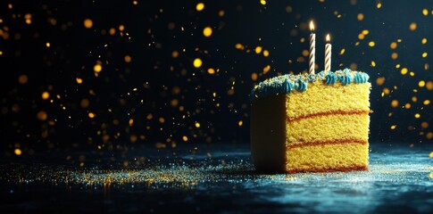 Celebrate with Slice, Birthday cake with Glowing Confetti And Lit Candles