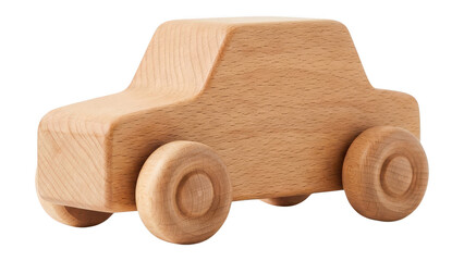 Simple wooden toy car isolated on white, a natural light brown unfinished wood vehicle for children's playtime and decoration, eco-friendly and