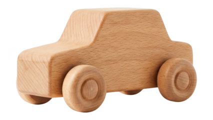 Simple wooden toy car isolated on white, a natural light brown unfinished wood vehicle for children's playtime and decoration, eco-friendly and