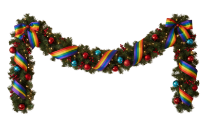 Christmas garland with rainbow ribbon and colorful ornaments isolated on white