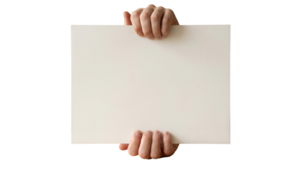 Hands holding blank white horizontal poster isolated on white background