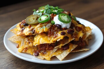 Generous Portion of Loaded Nachos with Chili Beans and Jalapenos on White Plate cheese