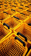 Stacked Yellow Shopping Baskets with Black Handles in a Retail Setting