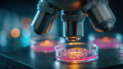 Close up view of scientific re microscope focusing on petri dish with glowing pink liquid and tiny bubbles in laboratory experiment setup with blurred background lights