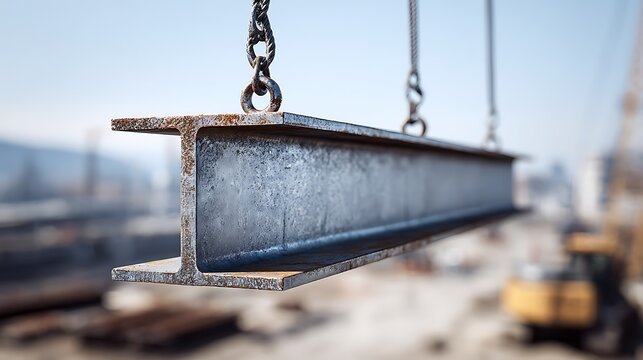 Steel IBeam Suspended by Chains on Construction Site