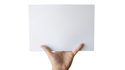 Hand holding blank white horizontal paper sheet isolated on white background