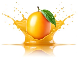 Mango with Leaf in Juice Splash Motion