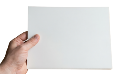 Hand holding blank white horizontal card isolated on white background