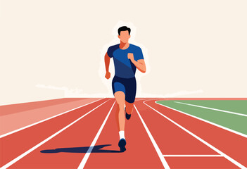 A runner in blue strides along a track. The image has a clean design with color gradients and a long shadow