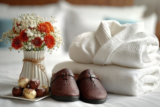 Flat lay of hotel amenities including bathrobe and slippers. Luxury hotel stay concept.