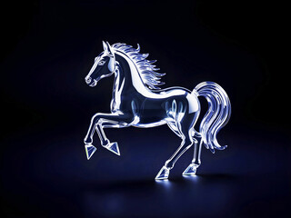 Elegant Glass Horse Figurine with Neon Blue Glow on Dark Dramatic Background