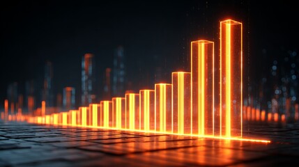 Futuristic Neon Bar Graph Displaying Increasing Financial Data on a Dark Background with Glowing Elements and a Digital Cityscape Atmosphere
