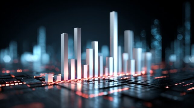 Abstract data visualization in a futuristic style with glowing bars and digital grid representing statistics and analytical information trends - Powered by Adobe