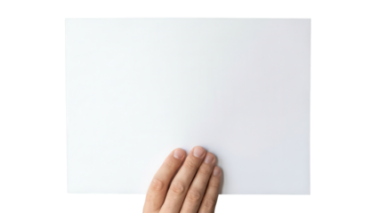 Hand holding blank white paper sheet on isolated background