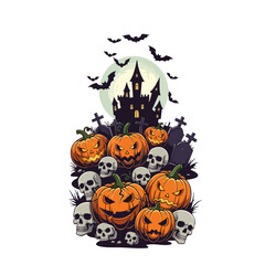 Halloween Scene with Pumpkins Skulls Castle and Bats.
