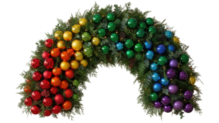 Rainbow Christmas wreath arch with colorful baubles on white background